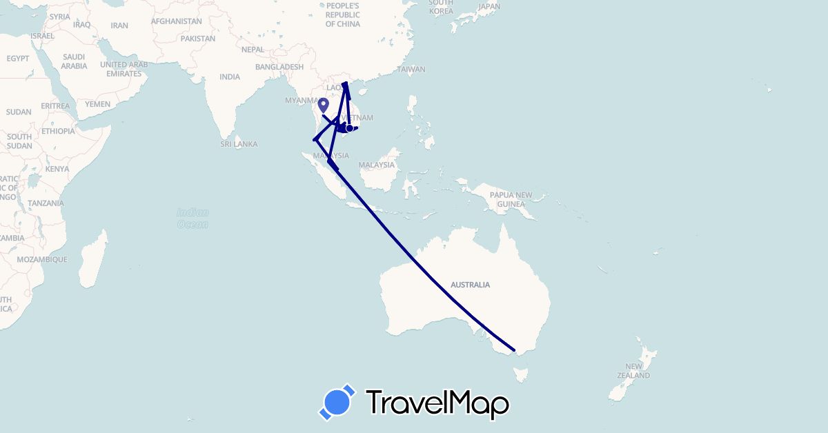 TravelMap itinerary: driving in Australia, Cambodia, Malaysia, Singapore, Thailand, Vietnam (Asia, Oceania)
